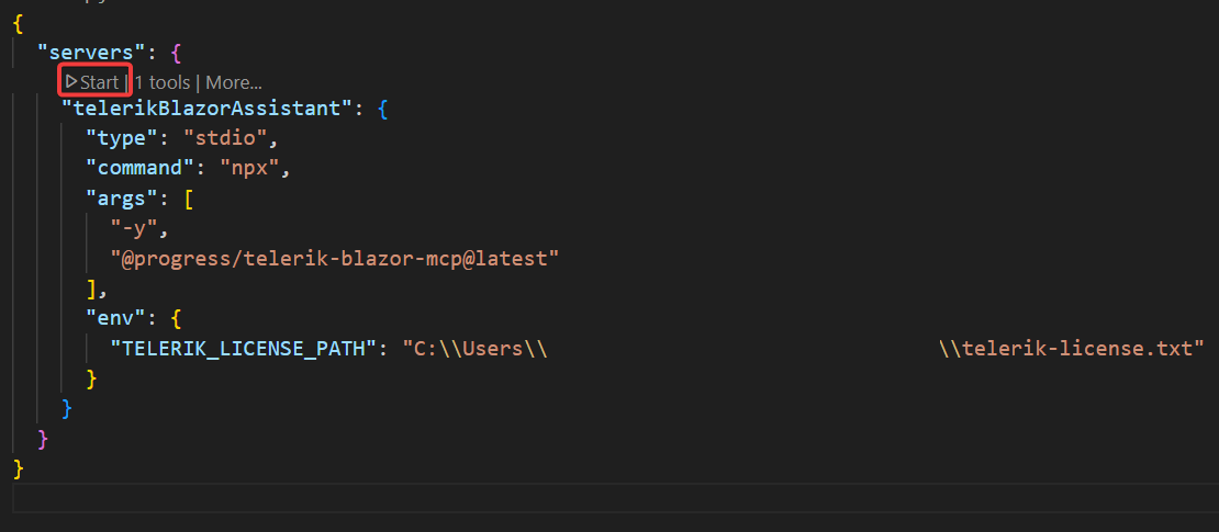 Starting the MCP server for Telerik Blazor
