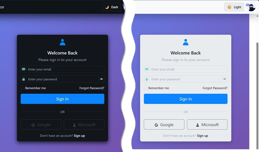 Dark and light modes of a Welcome Back modal