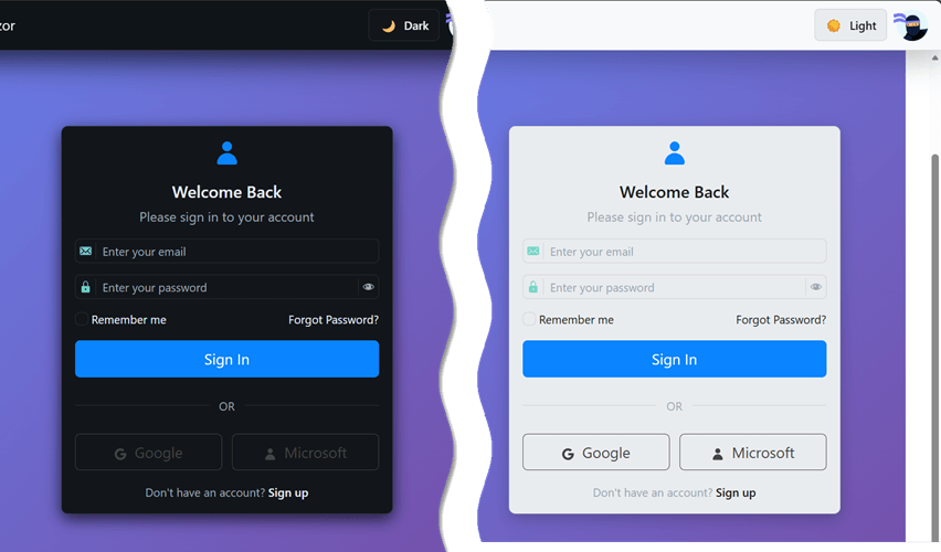 Dark and light modes of a Welcome Back modal