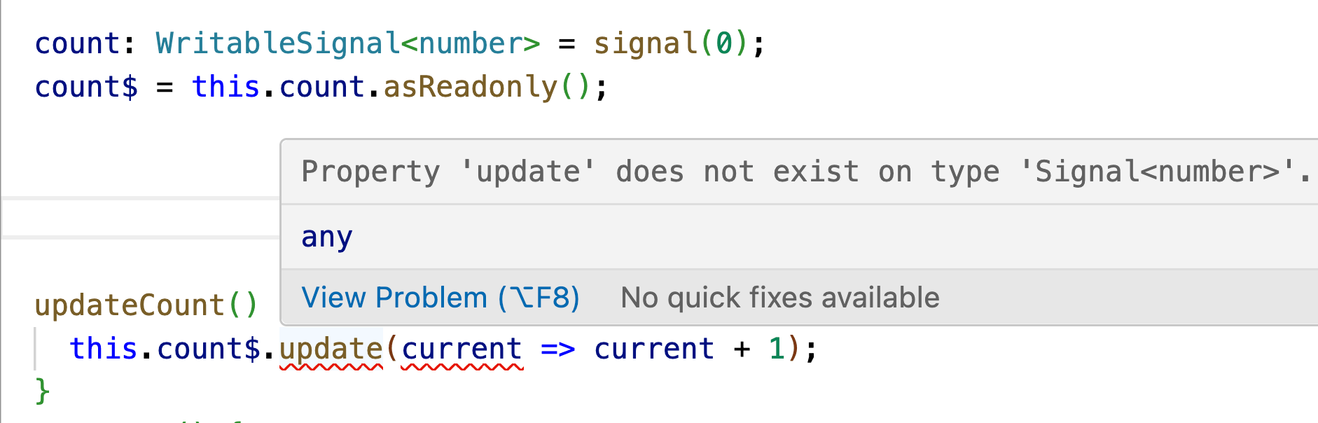 updateCount() this.count$.update(current…) throws error: Property 'update' does not exist on type 'Signal number'.