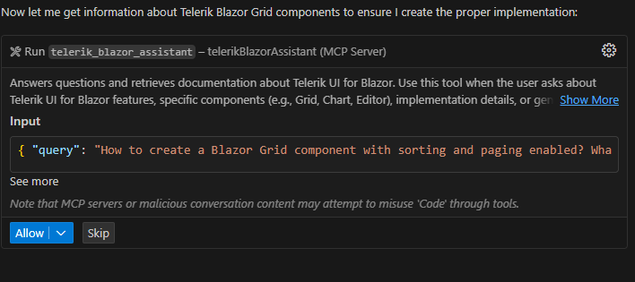 VS Code requesting permission to access the Telerik Blazor MCP server