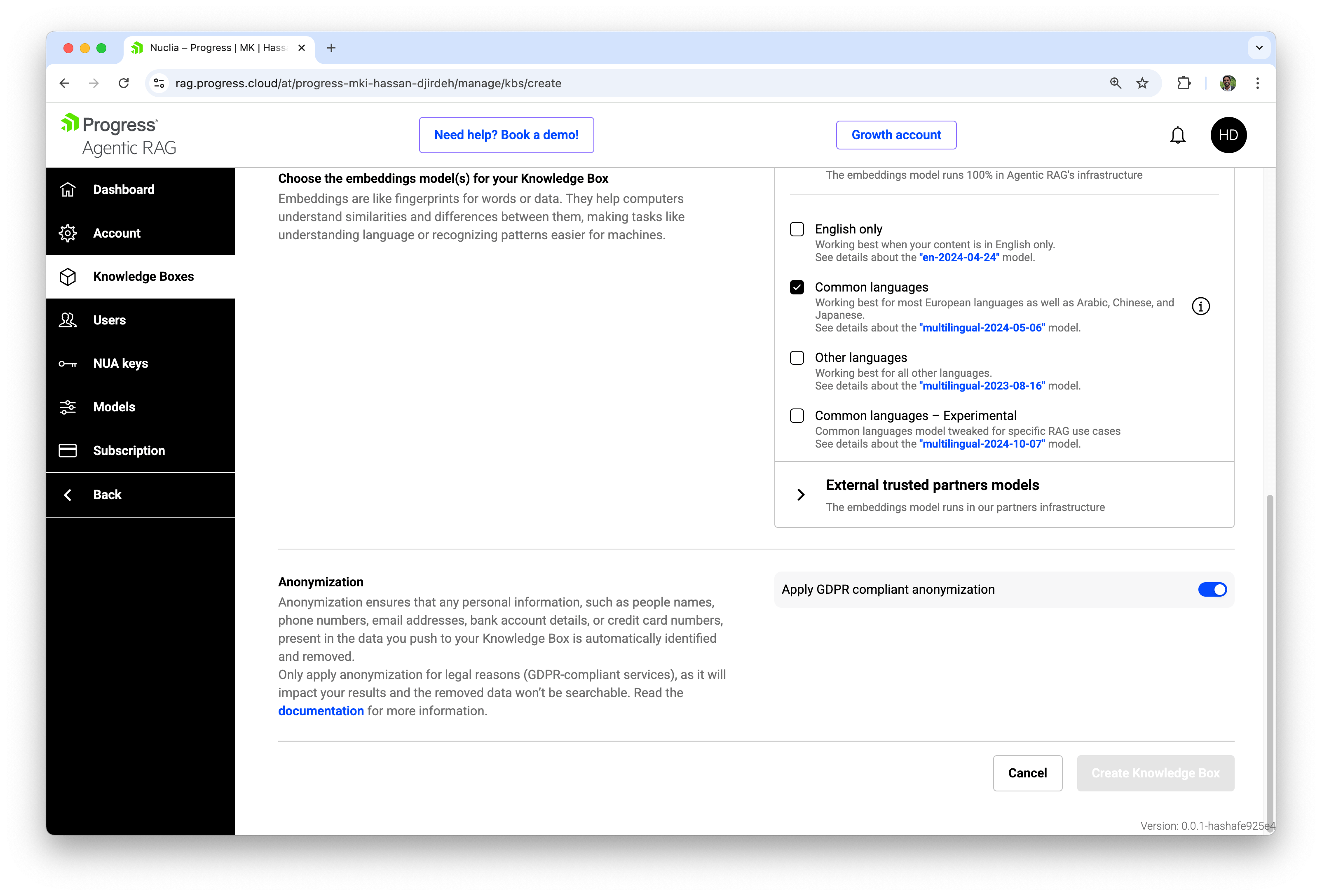 Progress Agentic RAG Knowledge Box anonymization