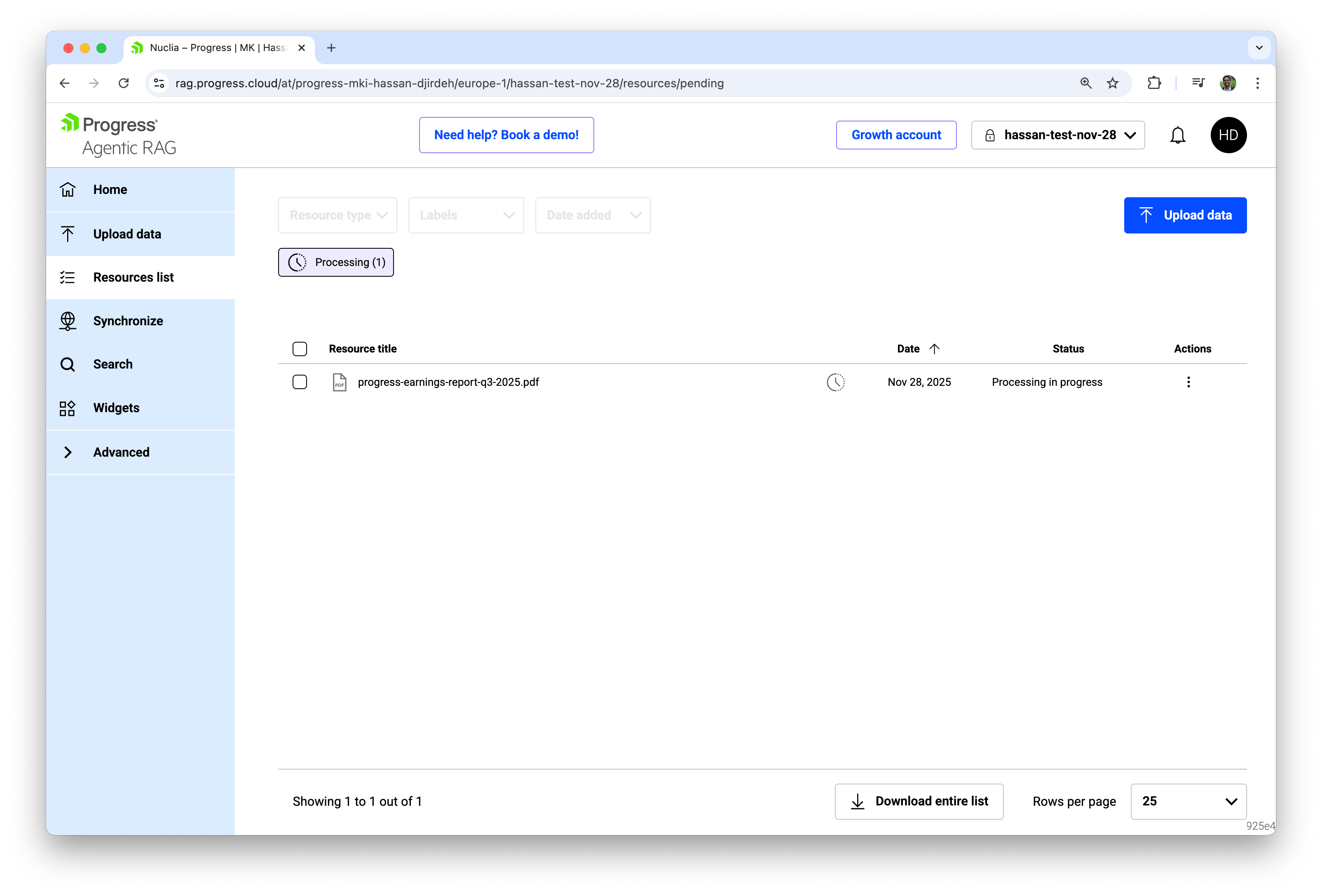 Progress Agentic RAG Knowledge Box file uploaded