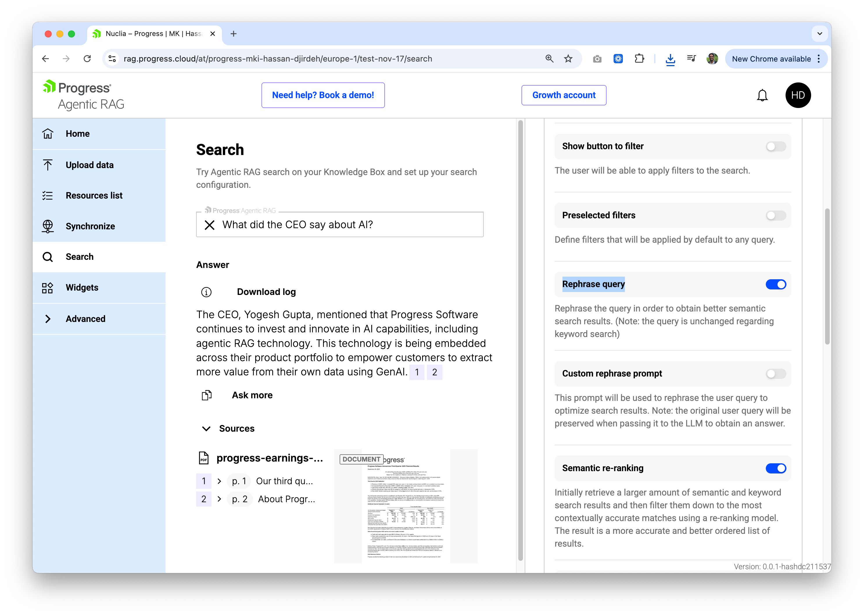 Progress Agentic RAG rephrased query