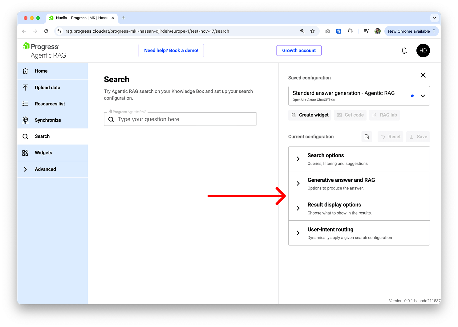 Progress Agentic RAG search configuration