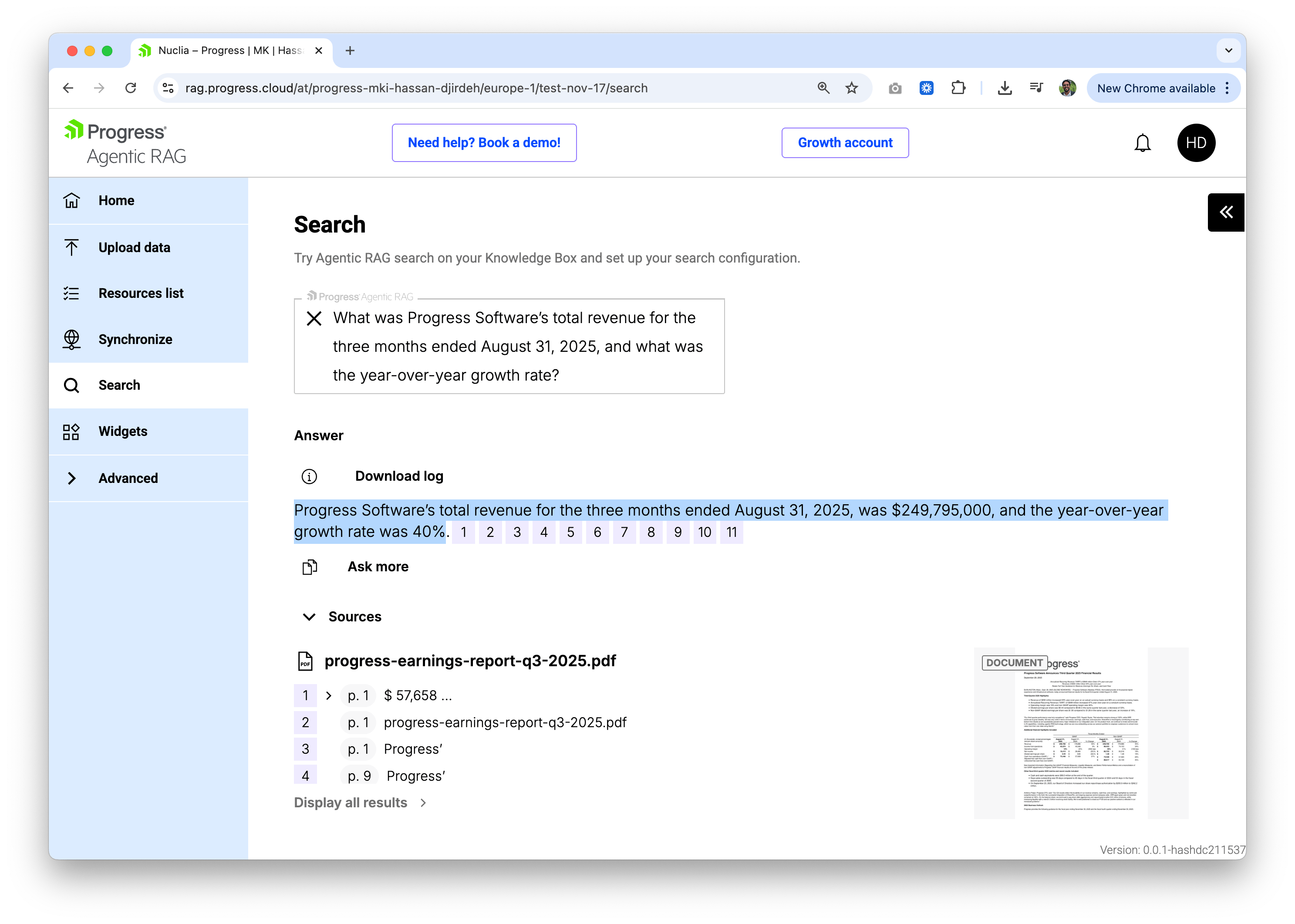 Progress Agentic RAG search results