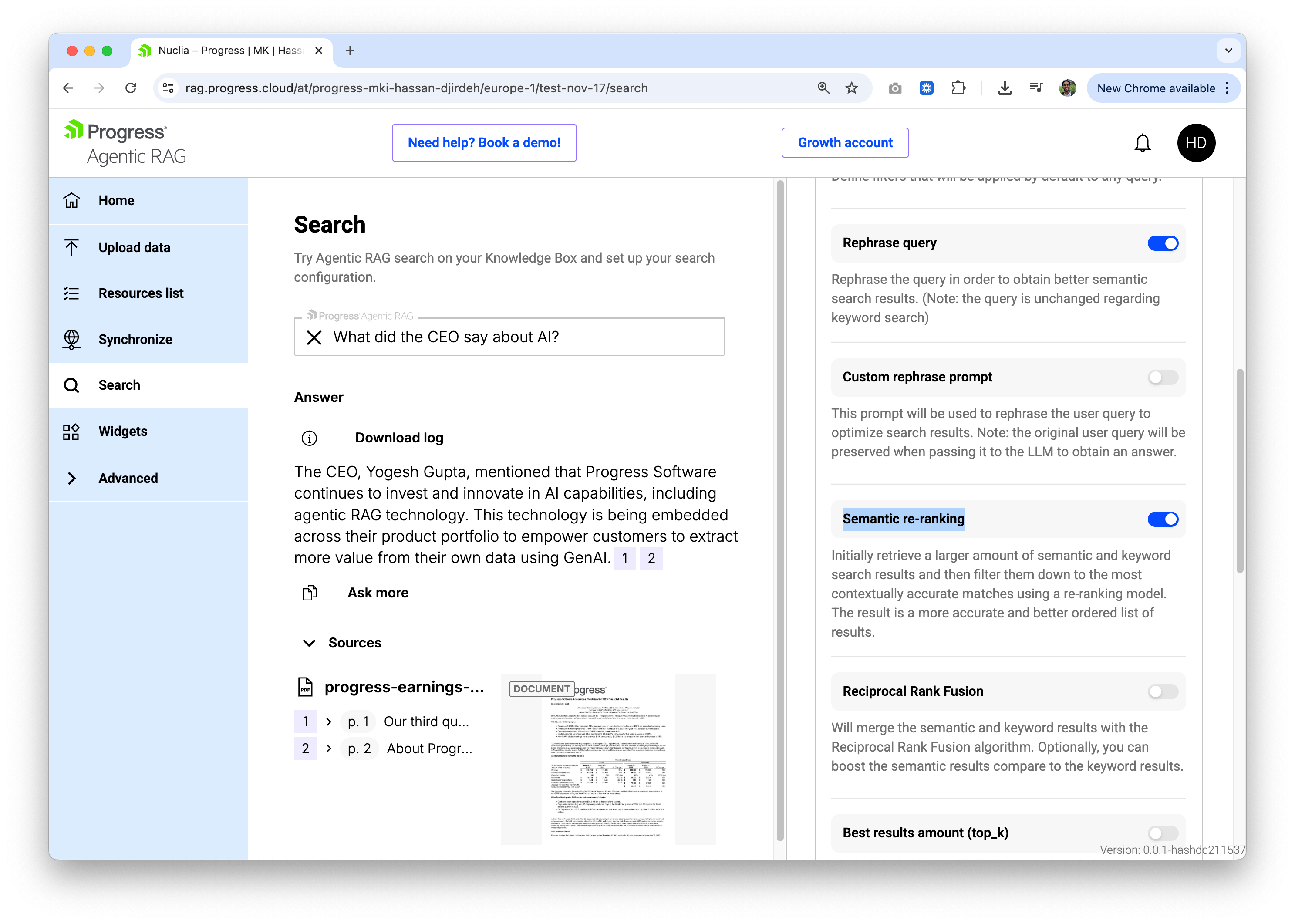 Progress Agentic RAG semantic re-ranking