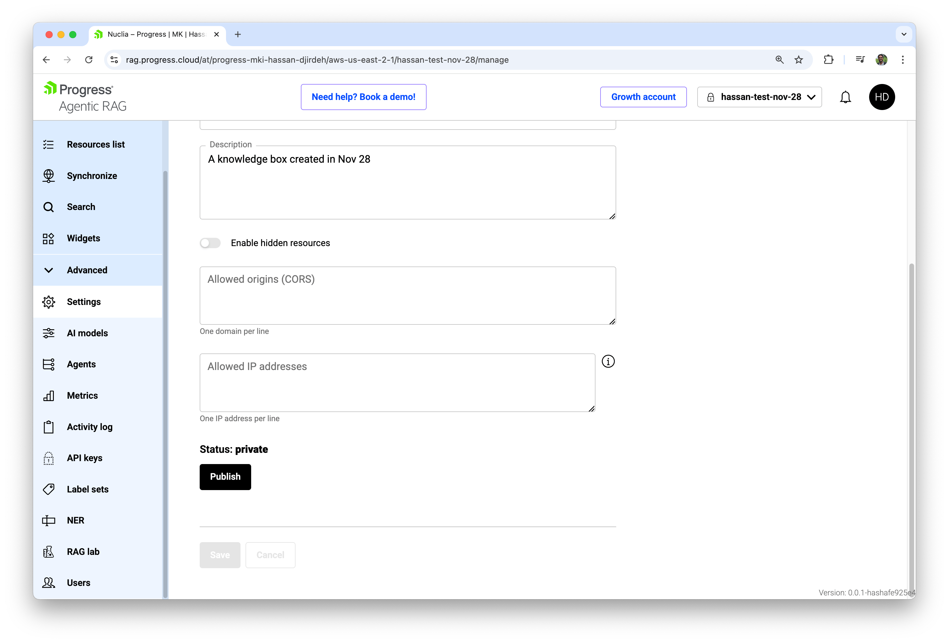 Progress Agentic RAG settings on private