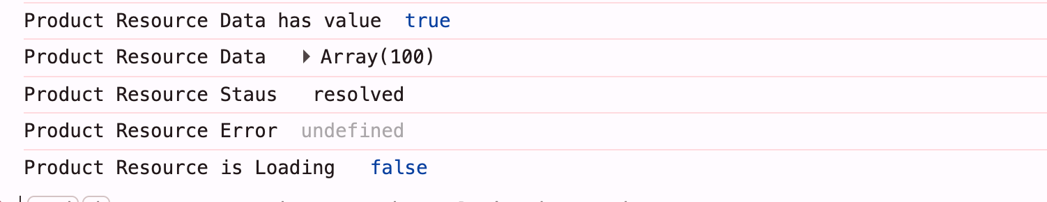 Product Resource Data has value – true, array 100; status – resolved, etc.