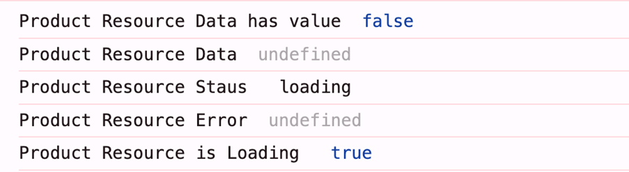 Product Resource Data has value – false, status – loading, etc.