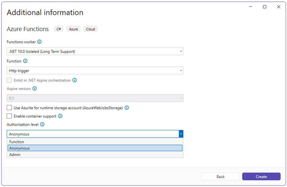 Additional information – Azure Functions – Authorization level: Anonymous