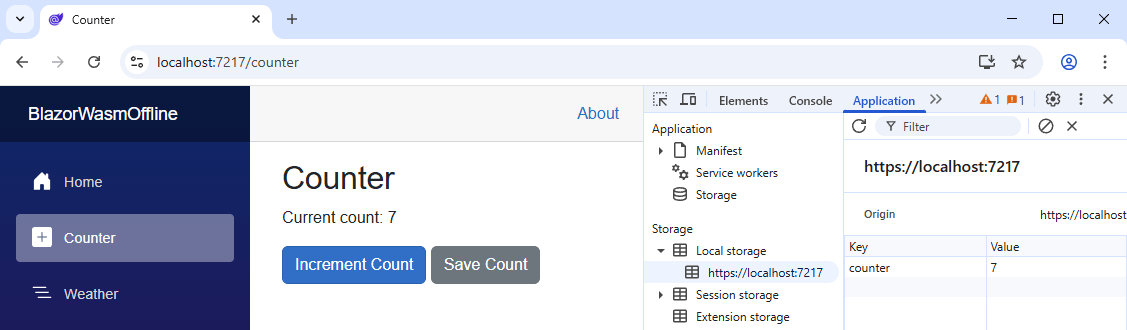 Blazor Web App A running Blazor web application with the developer tools opened and the Application tab selected. The Local Storage contains a counter key and a value with the current count.