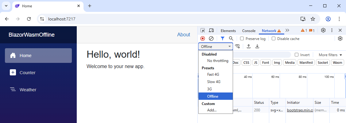 Blazor Web App A running Blazor web application with the developer tools opened and the Network tab selected. The network connectivity speed is set to Offline.