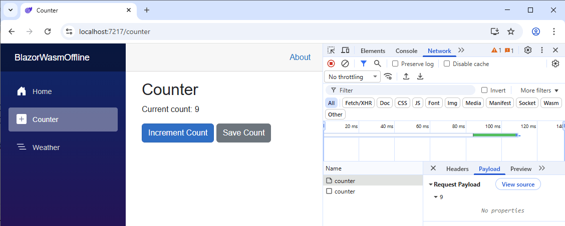 Blazor Web App A running Blazor web application with the developer tools opened and the Network tab selected. An HTTP request with the current counter value as its payload is visible.