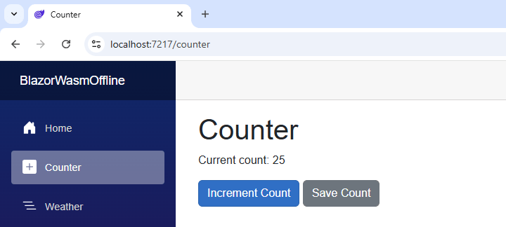 Blazor WebAssembly Offline App A browser with a running Blazor WebAssembly web application and a Counter page showing the current counter values and two buttons to increment and save the value.