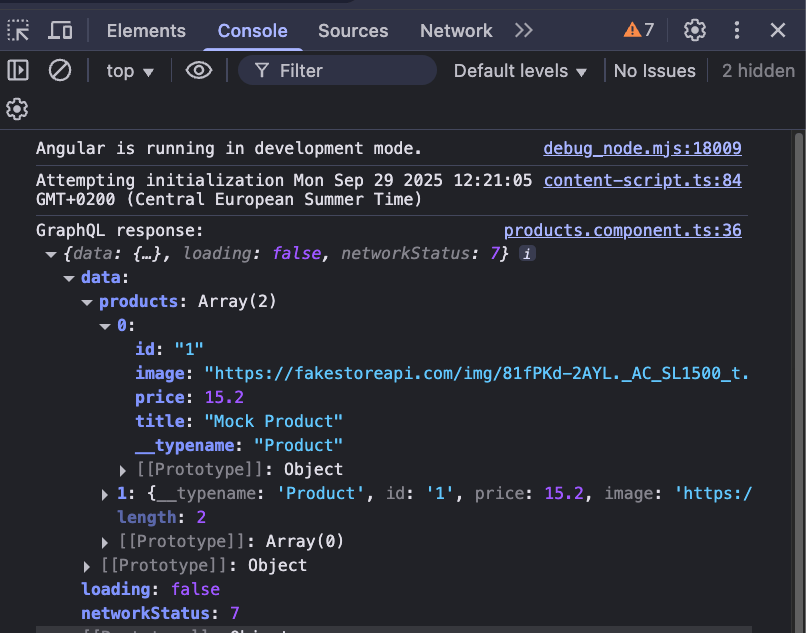 Console shows id, image, price, title
