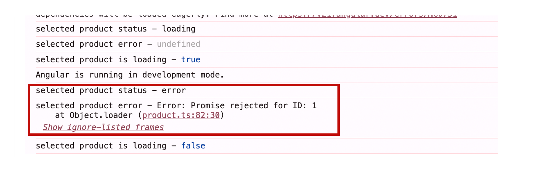 selected product status – error. selected product error – error – promise rejected for it...
