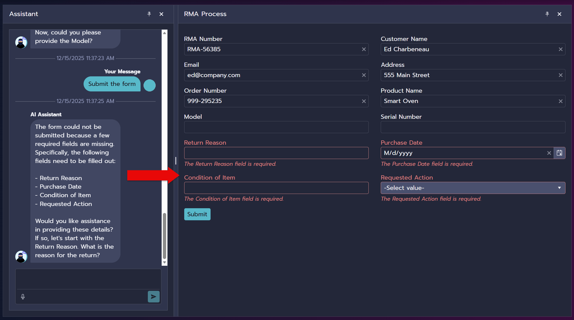 form assistant with error resolution