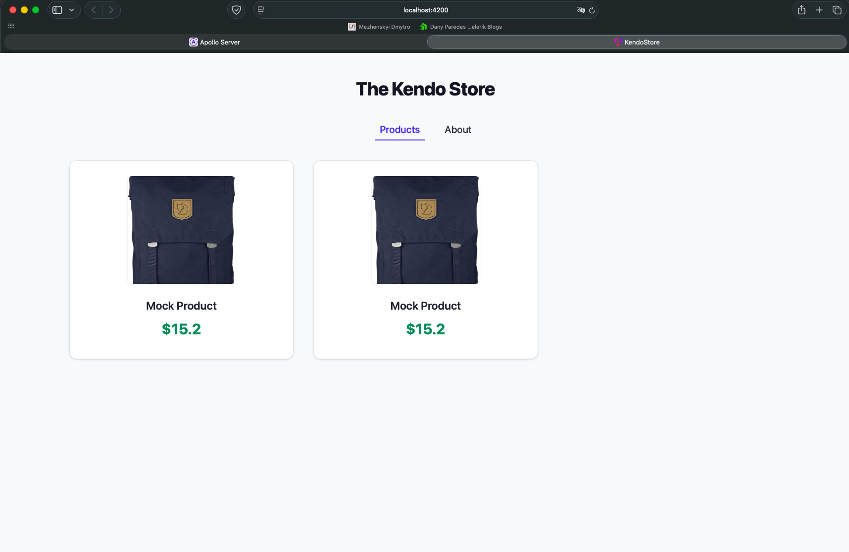 Browser shows products with image, title, price
