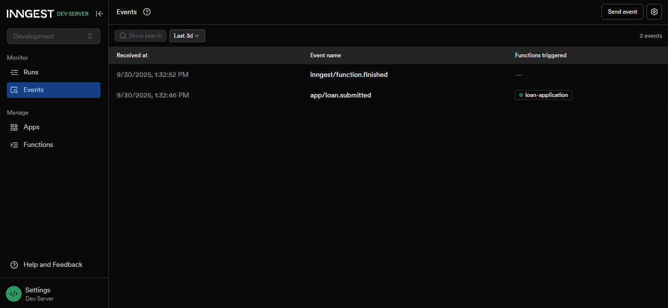 Inngest dashboard showing list of triggered events Inngest dashboard showing list of triggered events