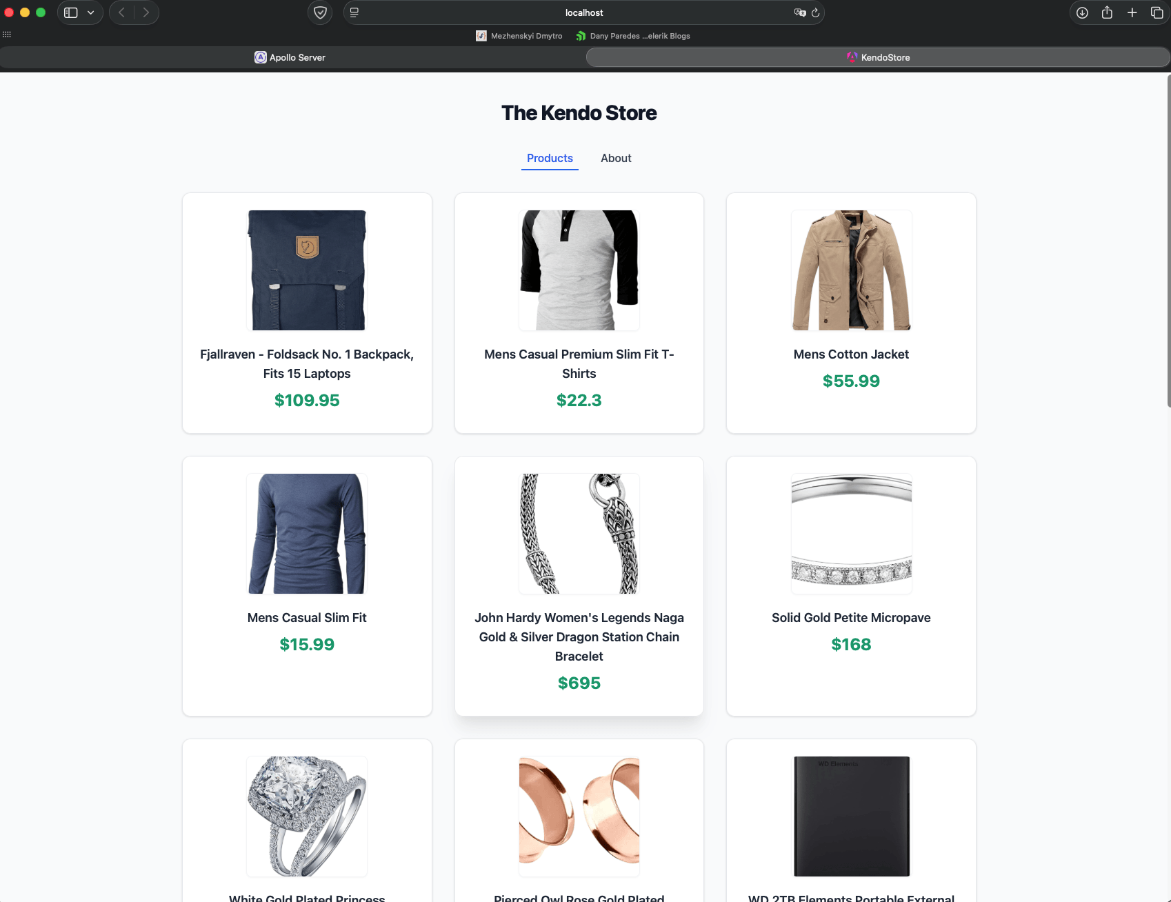 Kendo Store on localhost:4200 in browser