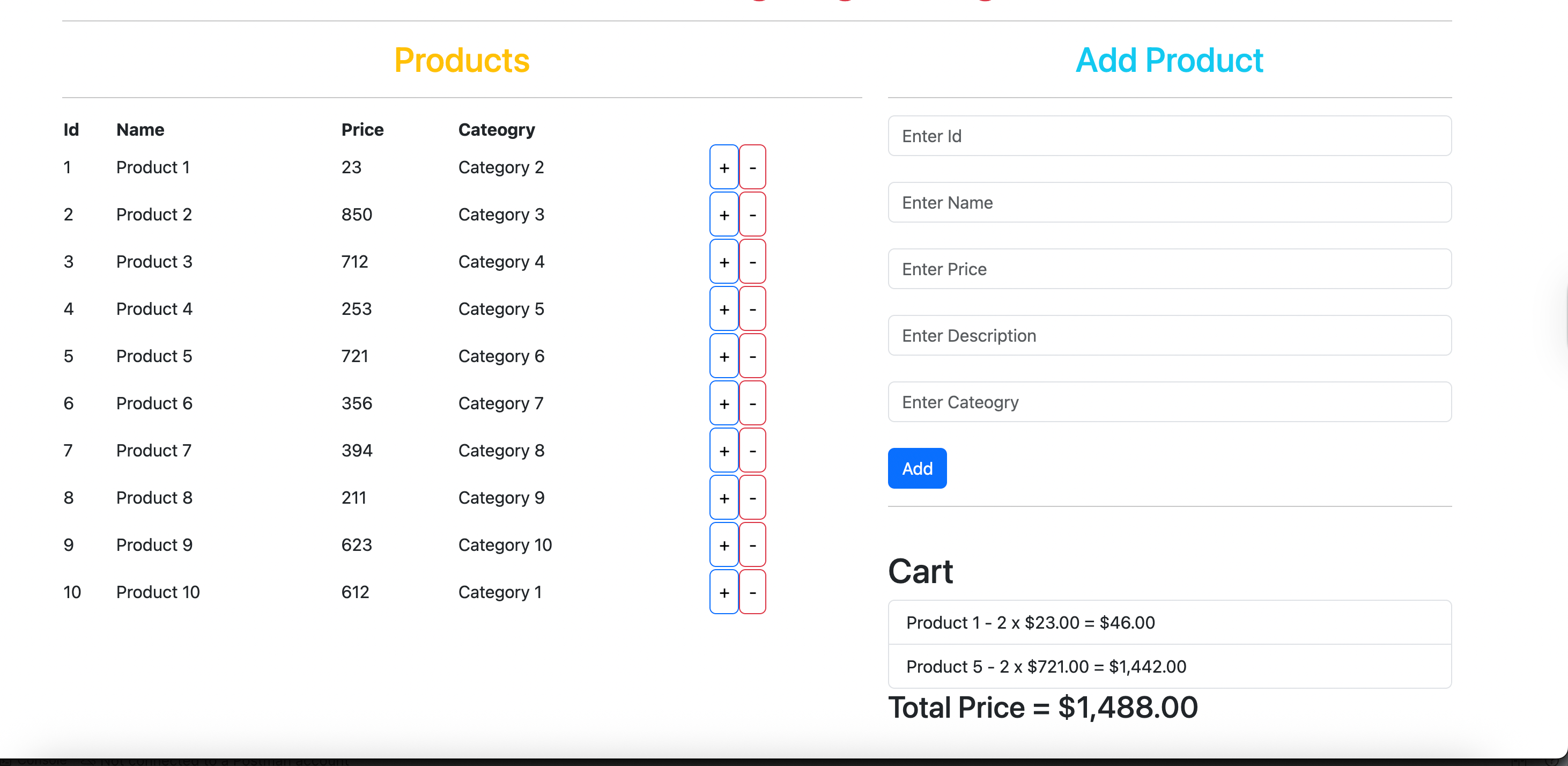 Products list now includes + and - options. The Cart shows total price.