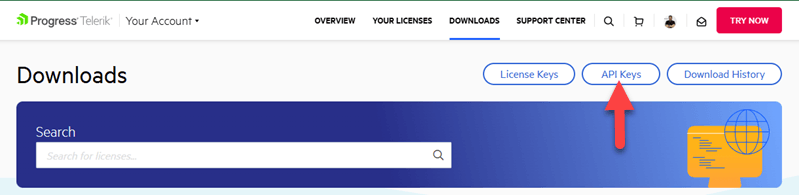 Image of an arrow pointing to the API keys button
