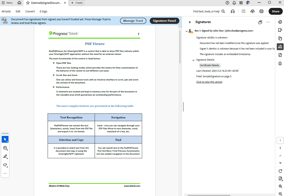 PDF is signed and has certificate details