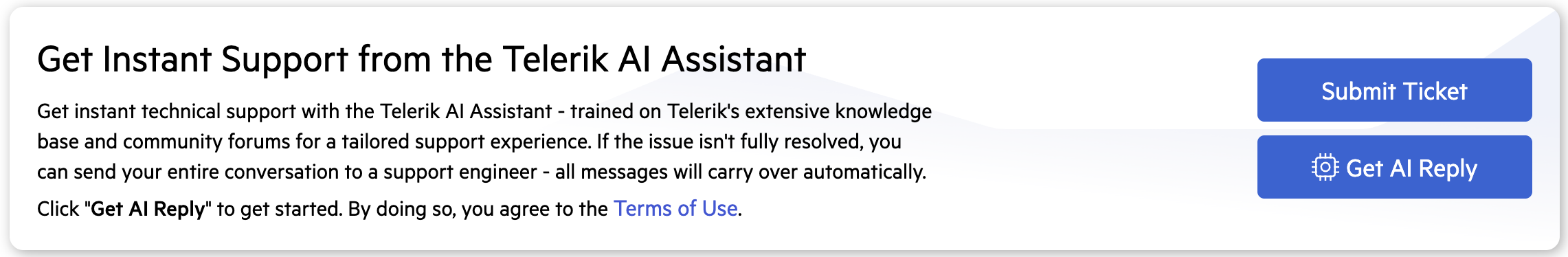 Get Instant Support from the Telerik AI Assistant. Button options for: Submit Ticket or Get AI Reply