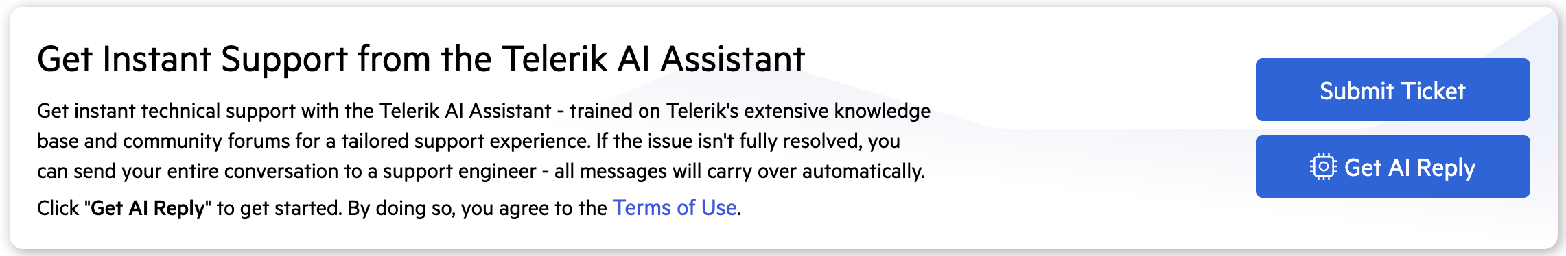 Get Instant Support from the Telerik AI Assistant. Button options for: Submit Ticket or Get AI Reply