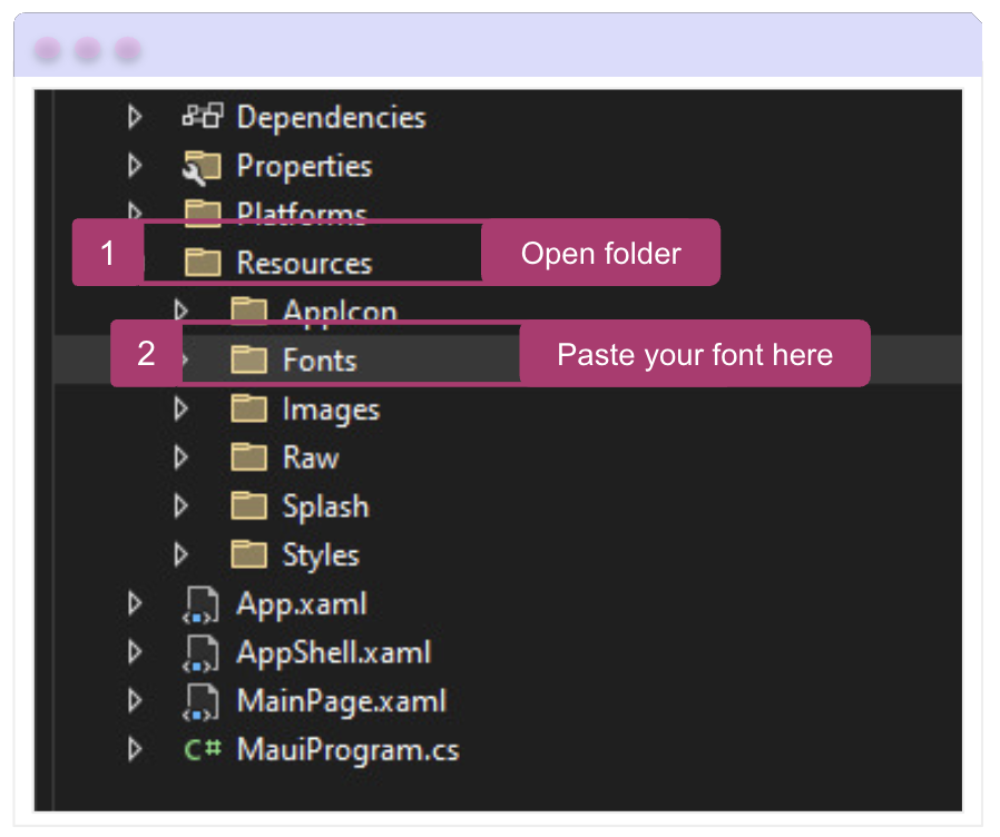 Resources/Fonts directory: 1. Open folder  - 2. Paste your font here
