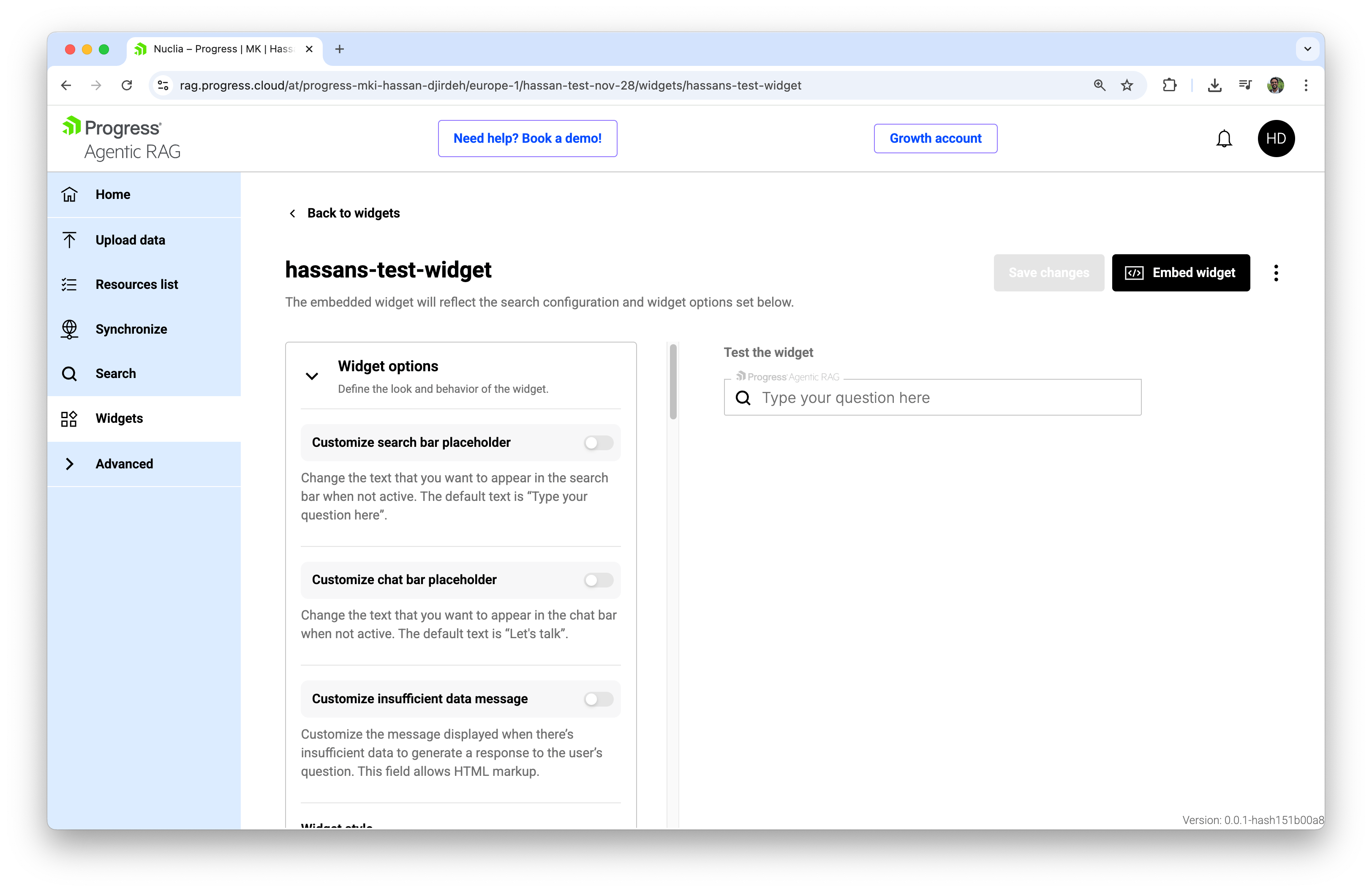 Agentic RAG Widget Dashboard