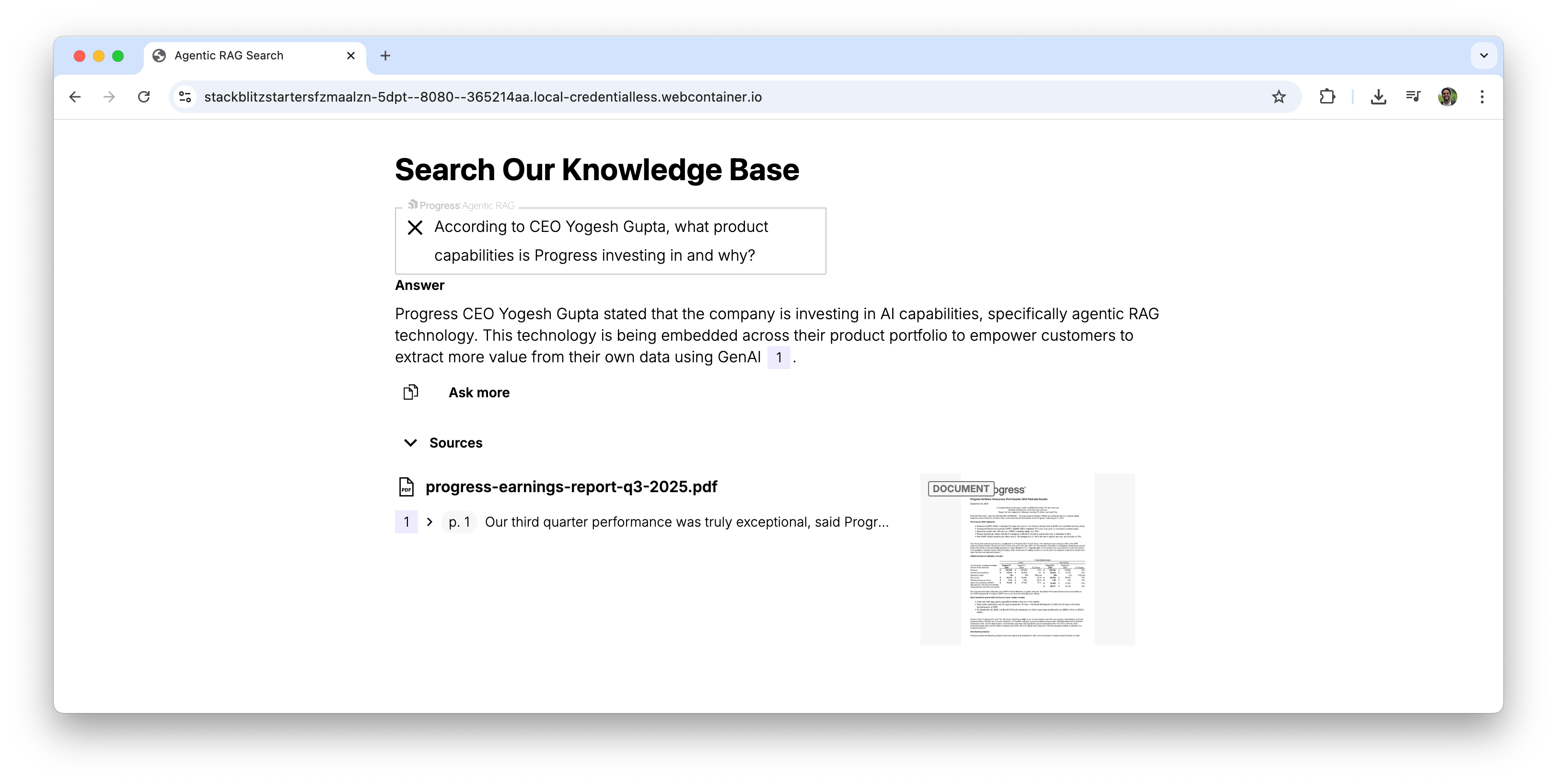 Second question asked of Agentic RAG showing semantic search