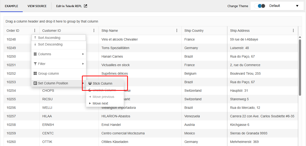 This demo data grid built with ASP.NET shows how users can freeze columns. They click the three vertical dots next to the column name, hover over “Set Column Position”, and then select “Stick Column”.
