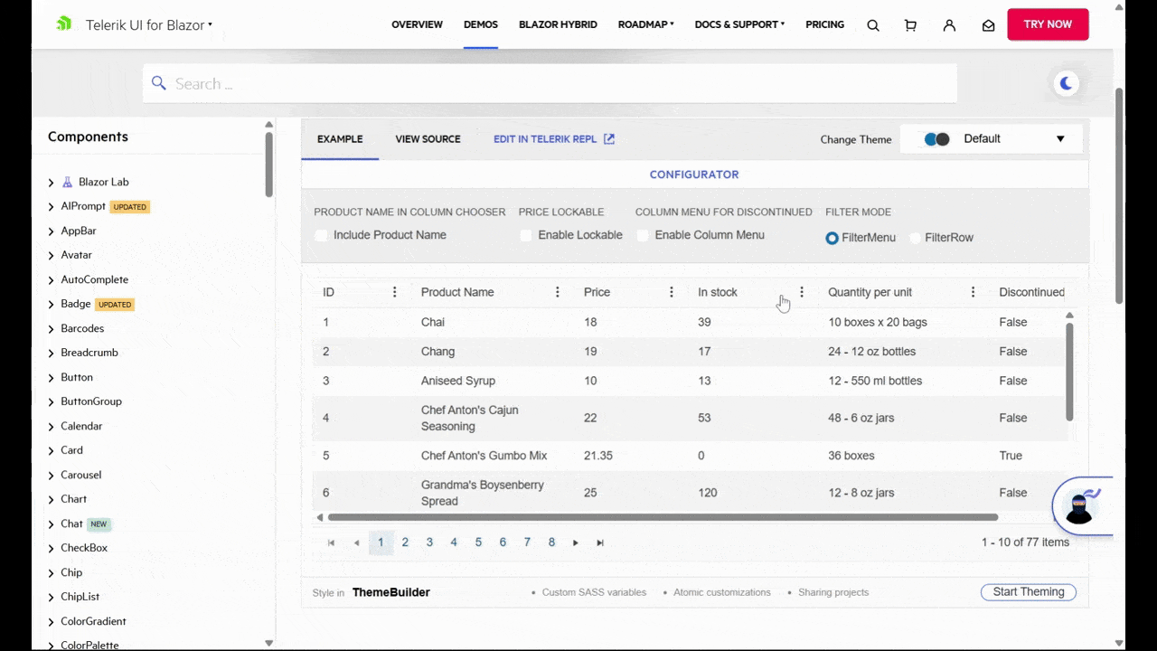 In Blazor DataGrid, users will be able to filter their numerical data by using equal to, is greater than, is less than, and other numerical filtering options. Here we see the “In stock” column get filtered by “is greater than or equal to” 115. Only 4 results remain after the filter is applied.