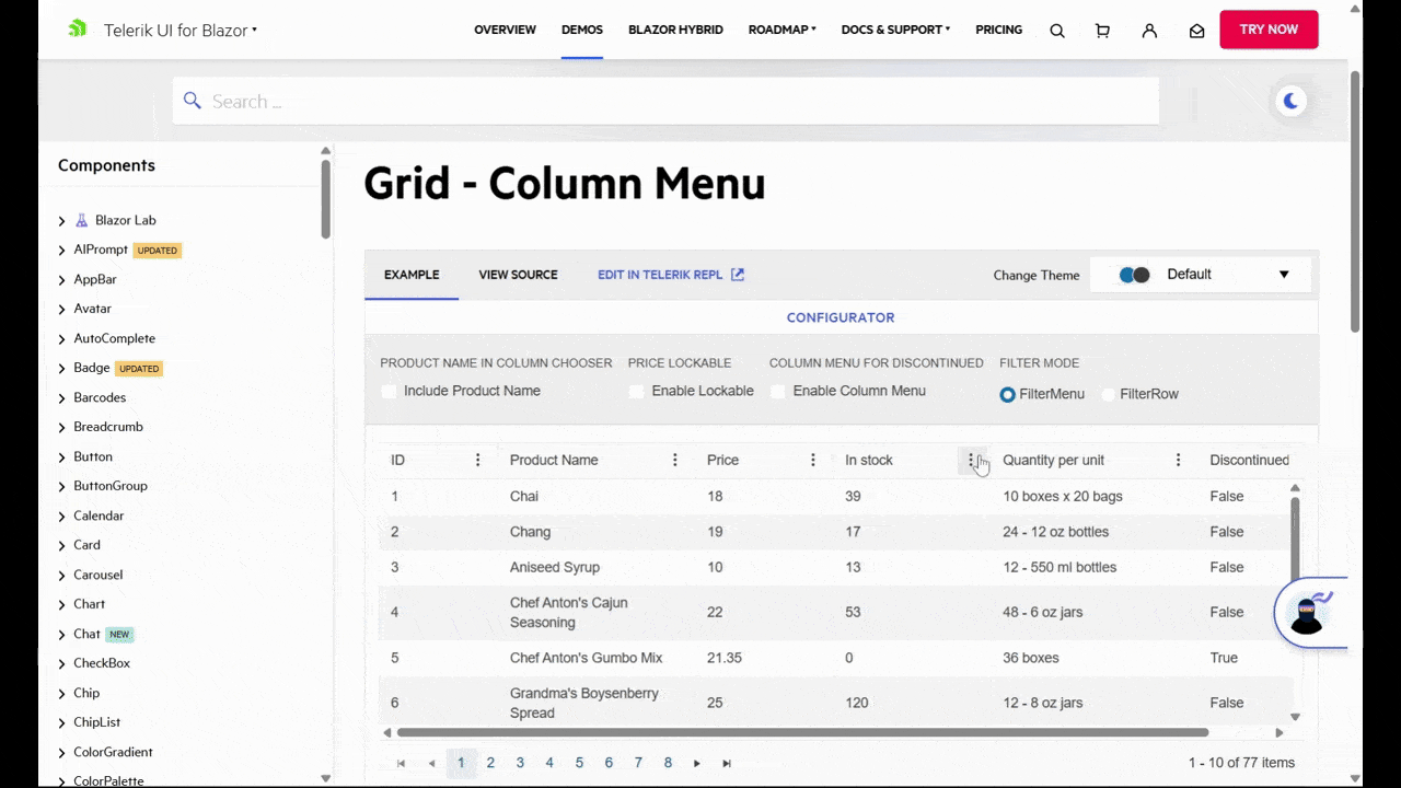 In this screenshot from Blazor DataGrid, we see what the dropdown options look like. There’s Sort Ascending and Sort Descending. When the user clicks Sort Ascending, the numbers go from low to high. When the user clicks Sort Descending, they go from high to low.
