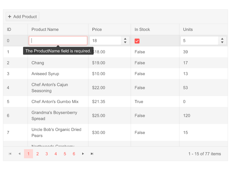 An example of how to edit a Blazor data grid directly within the cells of the table. Here we see the first field under “Product Name” selected. There’s a tooltip that reads “The ProductName field is required.”