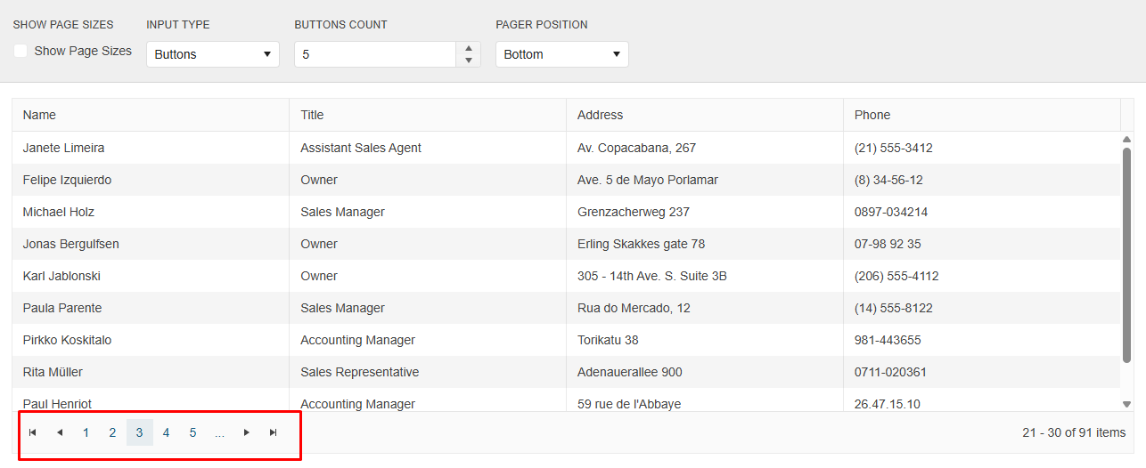 With Blazor DataGrid, you can break large datasets into smaller screens and include a paging navigator at the bottom. In this example, we see that a list of 91 items has been broken up into more than 5 navigable screens..