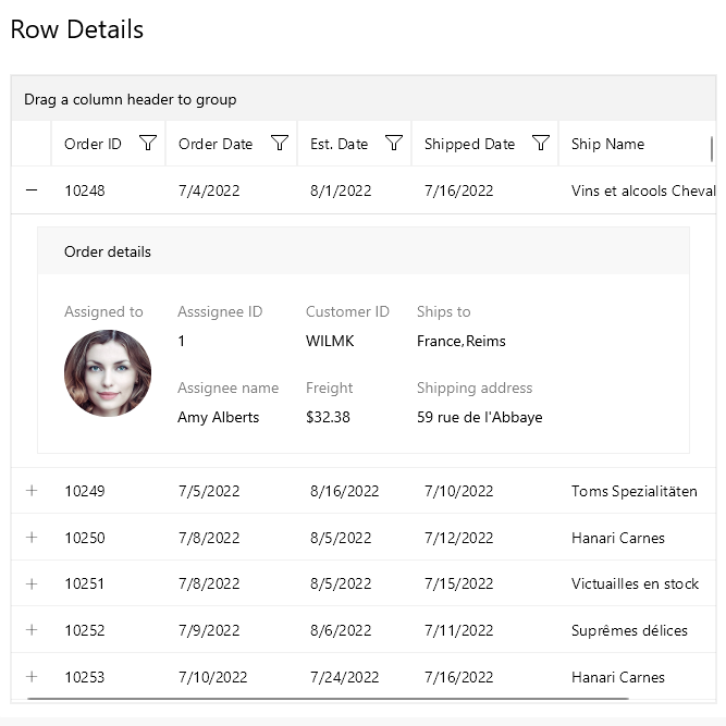 An example of how the Row Details feature works for .NET MAUI. This table contains five columns detailing recent customer orders. When the order is clicked, they reveal more details about who the order is Assigned to, the Assignee ID, the Assignee name, the Customer ID, the Freight, the Ships to, and the Shipping address.