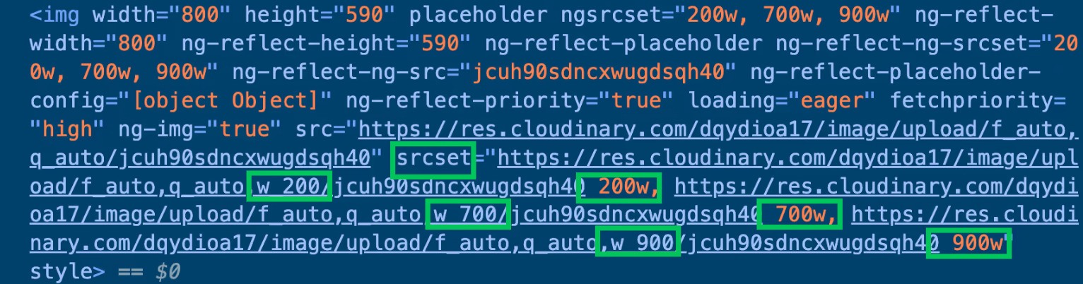 The srcset attribute is populated to include URLs pointing to images of different width