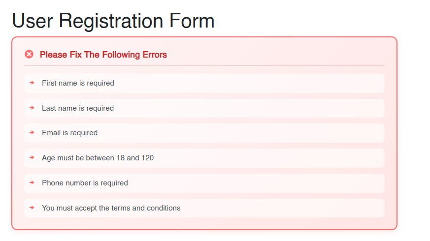 The TelerikValidationSummary component showcasing a modern design by leveraging the Template parameter
