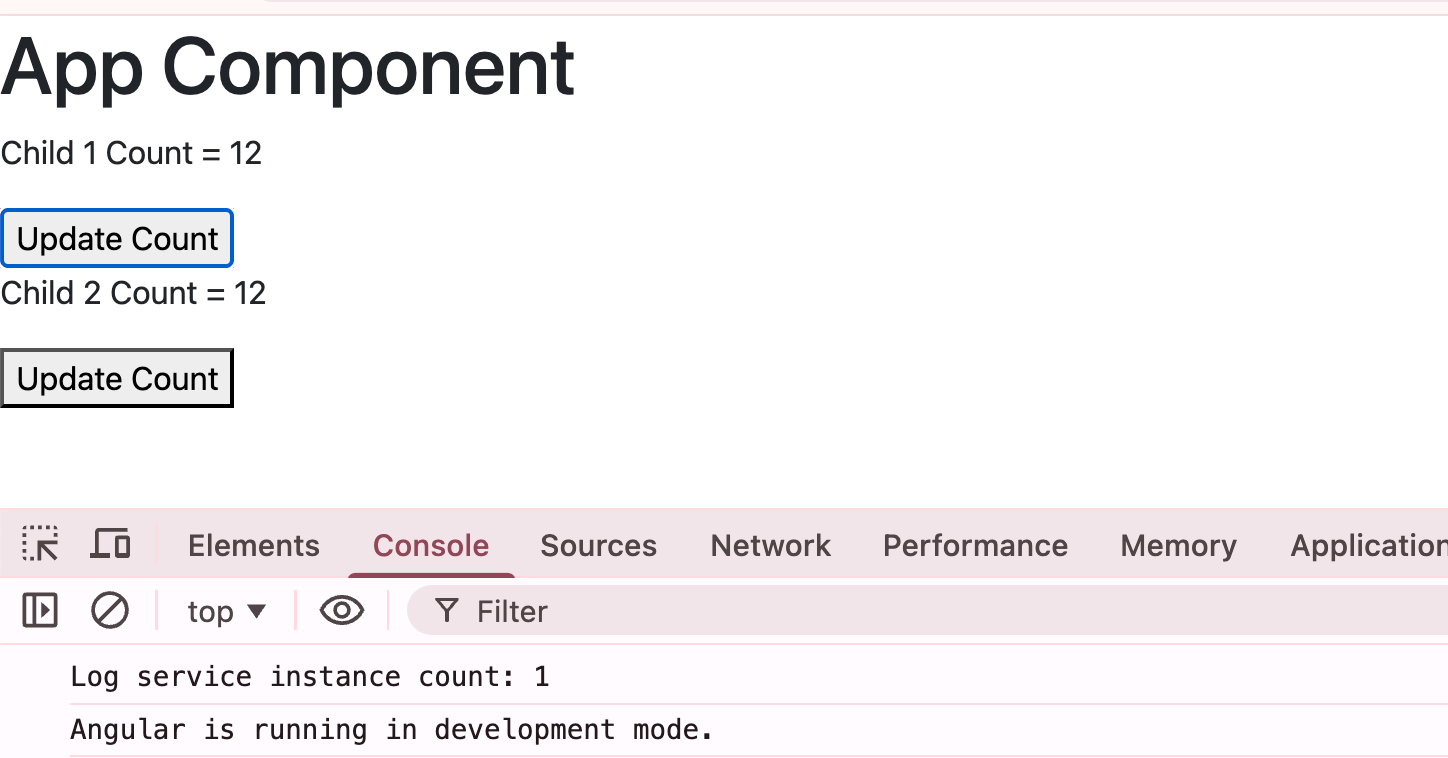 Angular app component with Child 1 count = 12 and a button to update child count. Then Child 2 count = 12, with another update count button. Console shows one log service instance.
