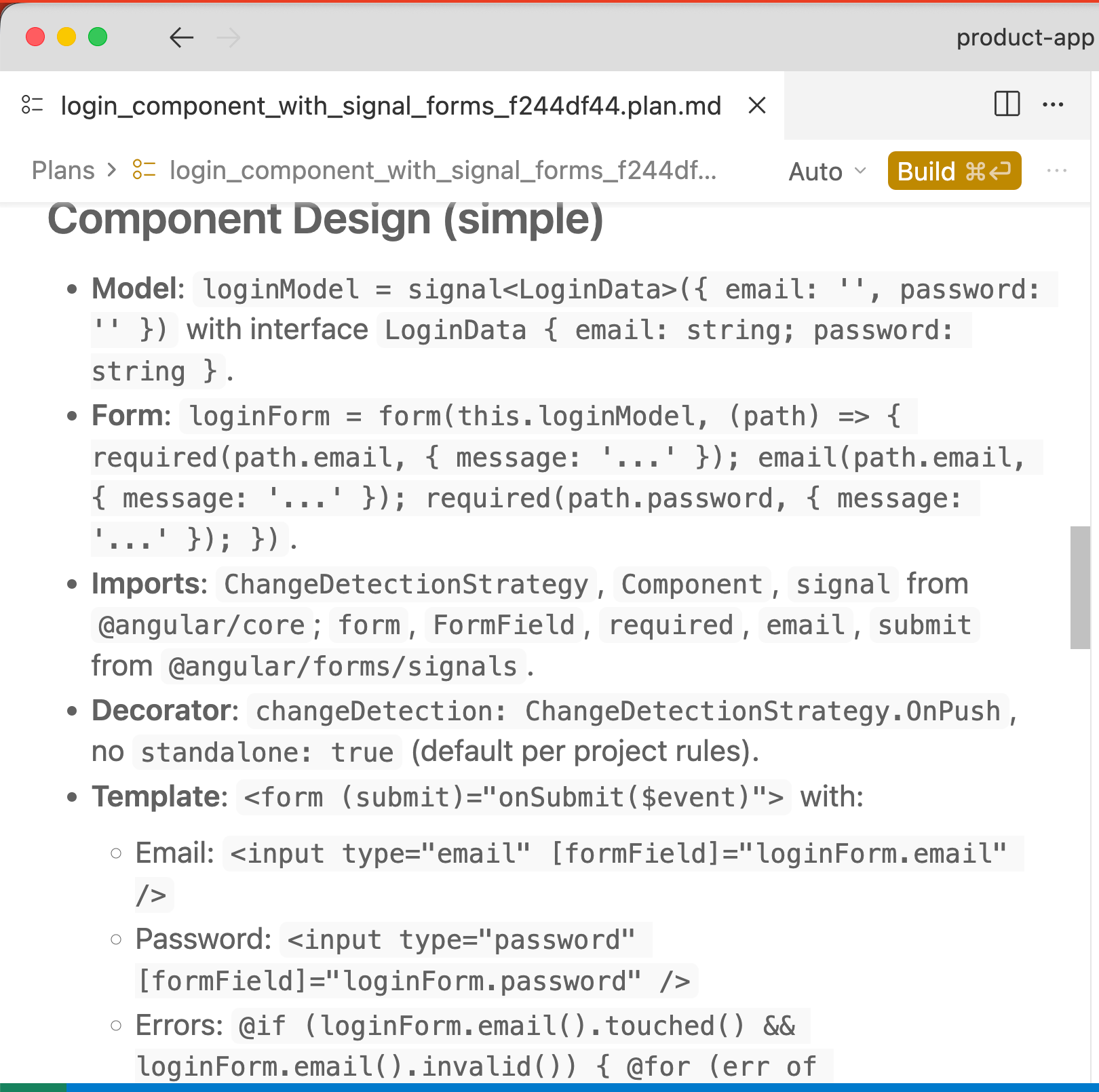 Angular login plan in Cursor with heading Component Design (simple) includes list of model, form, imports, decorator, template
