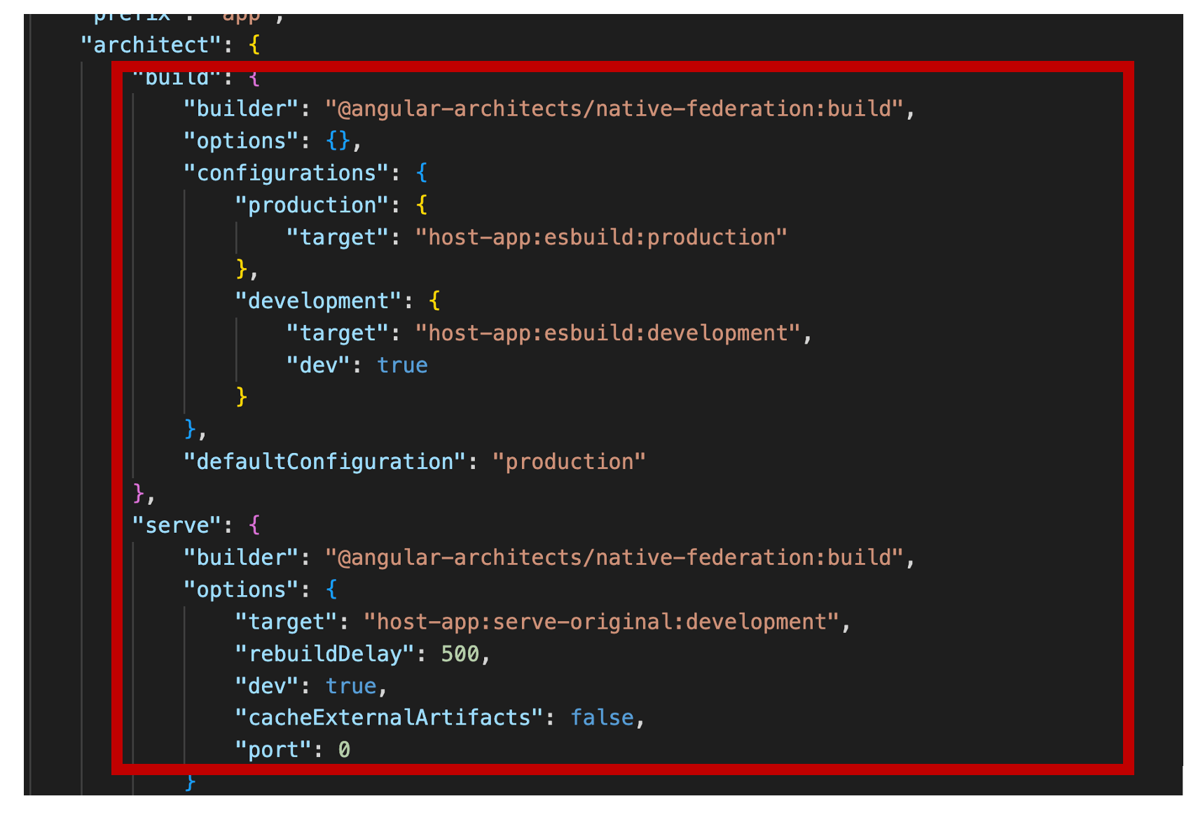 angular.json file build and serve section