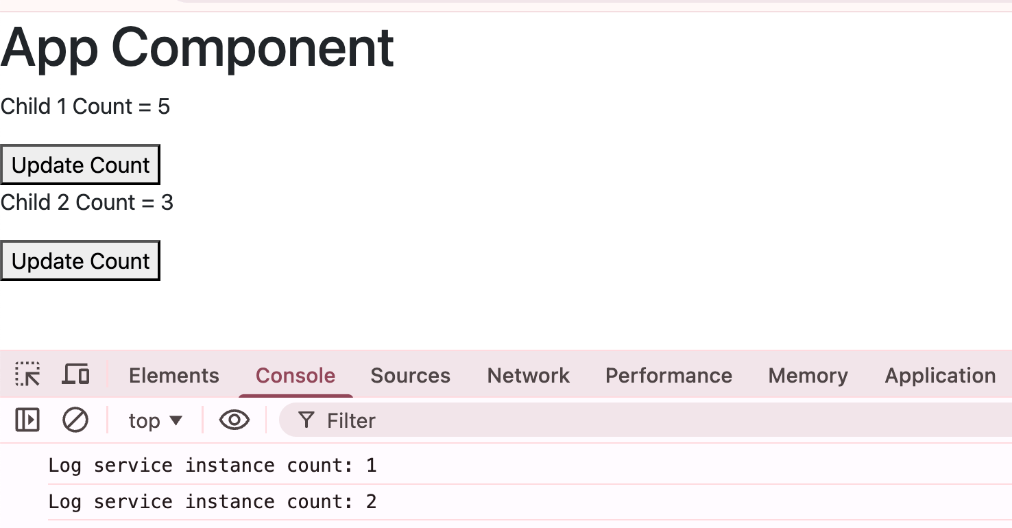 Angular app component with Child 1 count = 5 and a button to update child count. Then Child 2 count = 3, with another update count button. Console shows two log service instances.