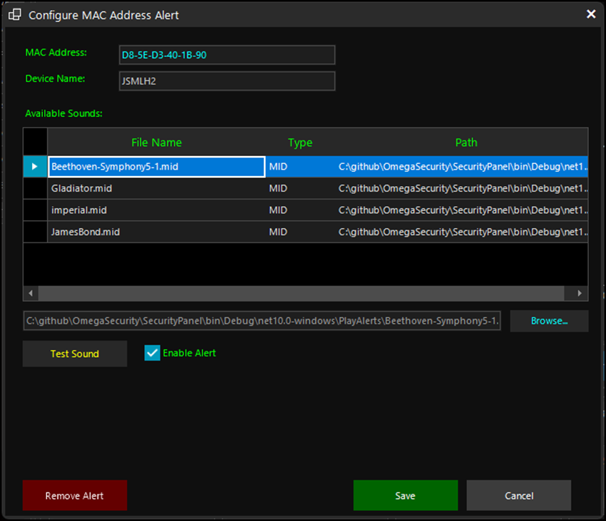 Configure alert form