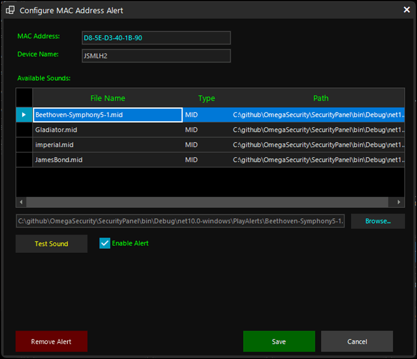 Configure alert form
