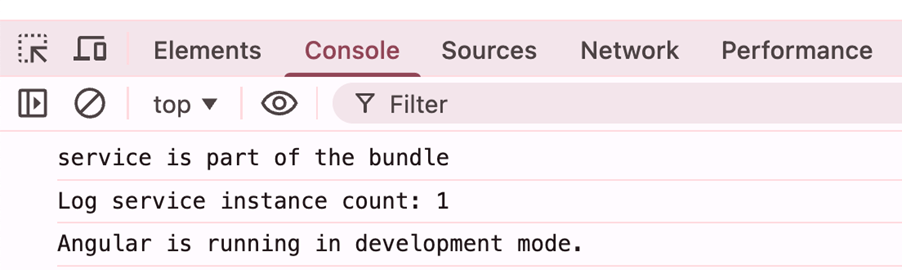Console: service is part of the bundle. Log service instance count: 1. Angular is running in development mode.
