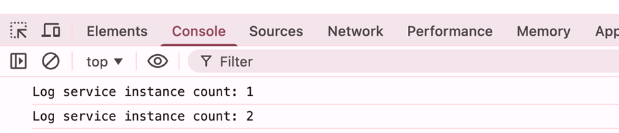 Console: Log service instance count: 1. Log service instance count: 2.