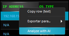 IP address – context menu with options to copy row, export, analyze with AI